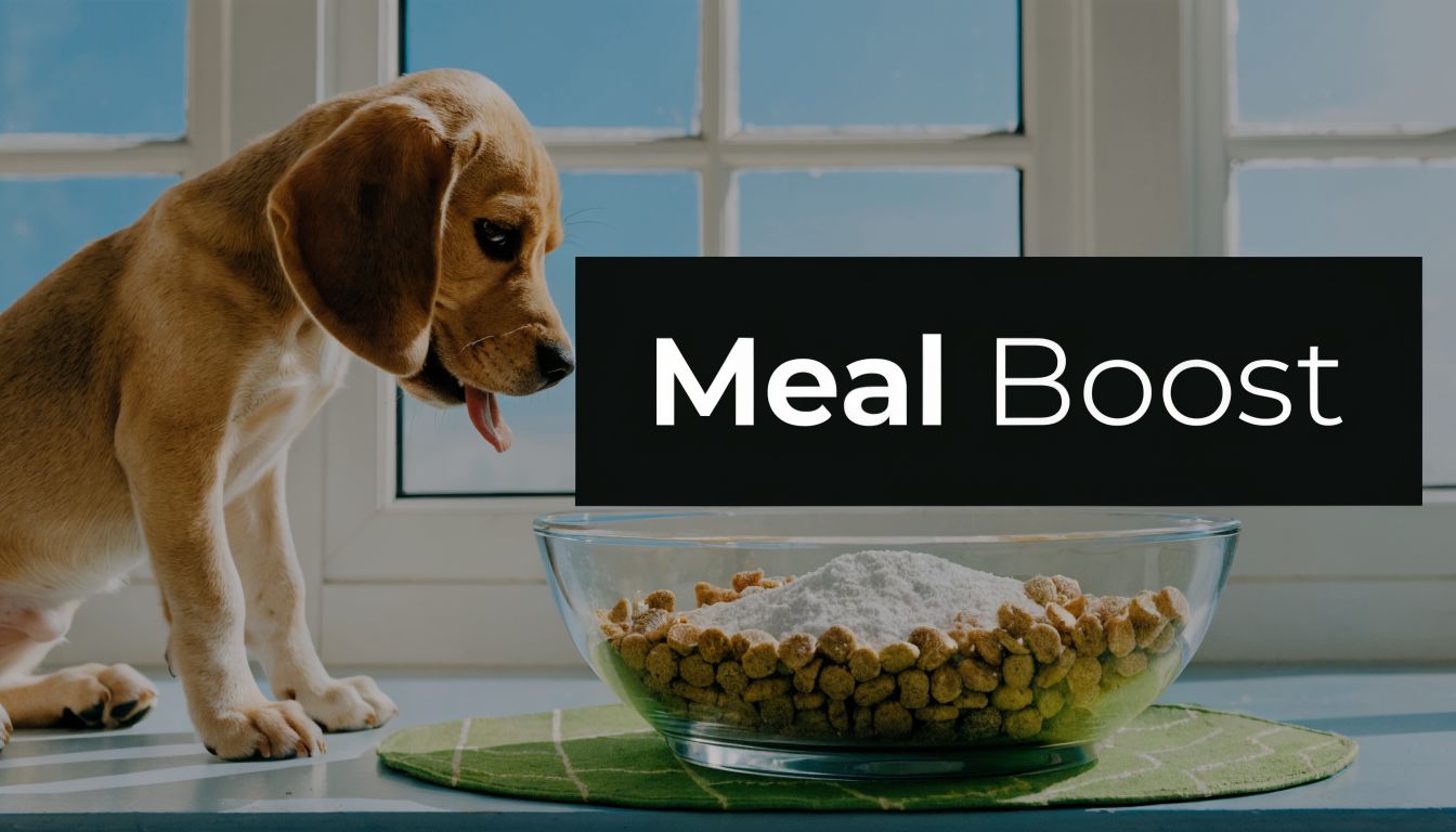 A cute beagle puppy looking at a glass bowl filled with kibble topped with white powder.