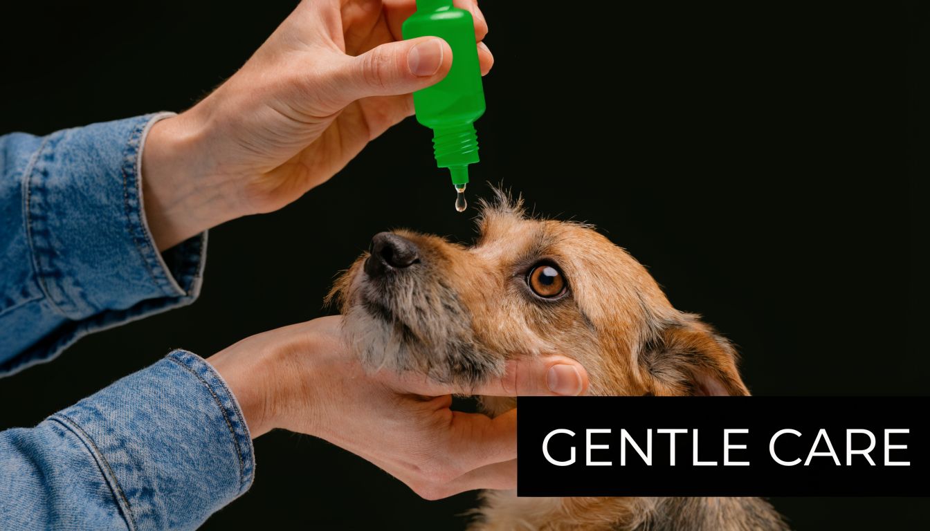 A person gently administering eye drops to a small dog against a black background.