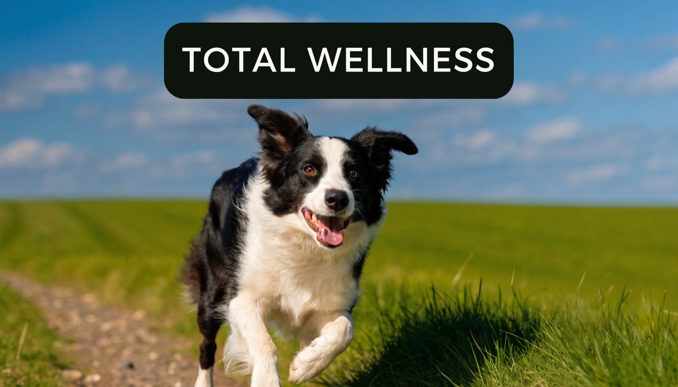 A happy black and white border collie dog running through a grassy green field under blue sky.
