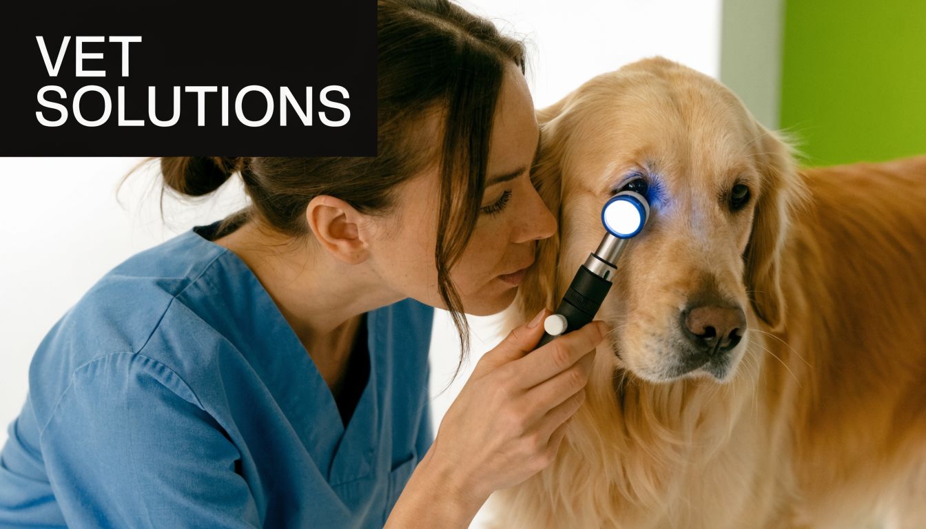 A female veterinarian wearing blue scrubs using an ophthalmoscope to examine a golden retriever's eye.