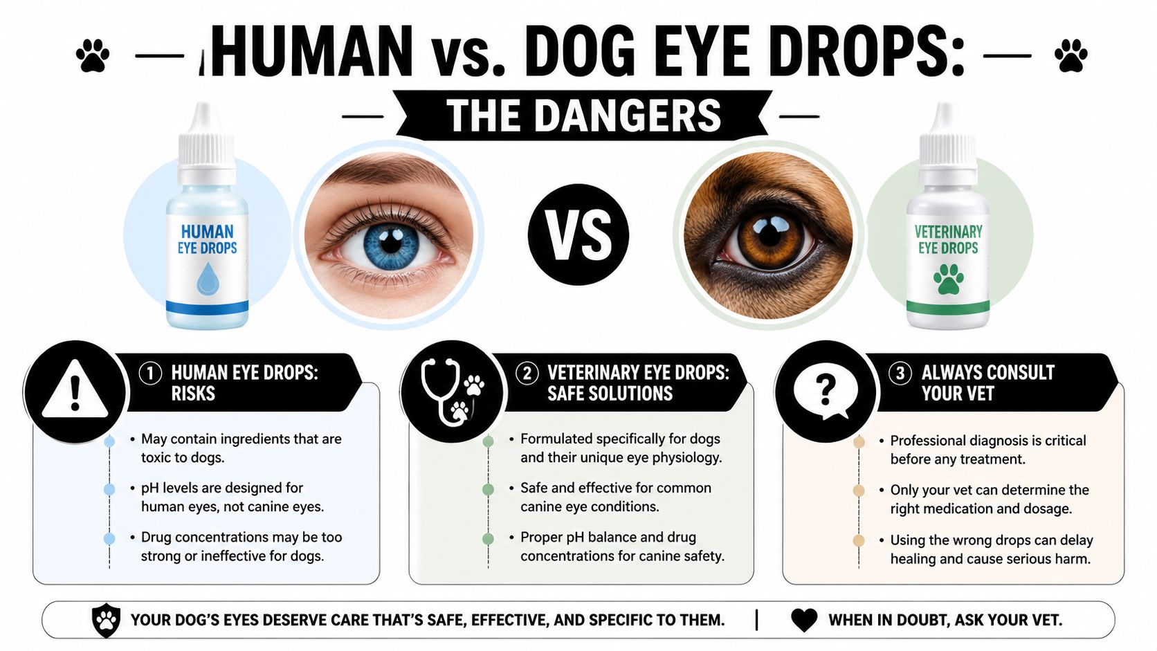 An infographic comparing human eye drops to veterinary eye drops, highlighting the dangers and essential safety precautions.
