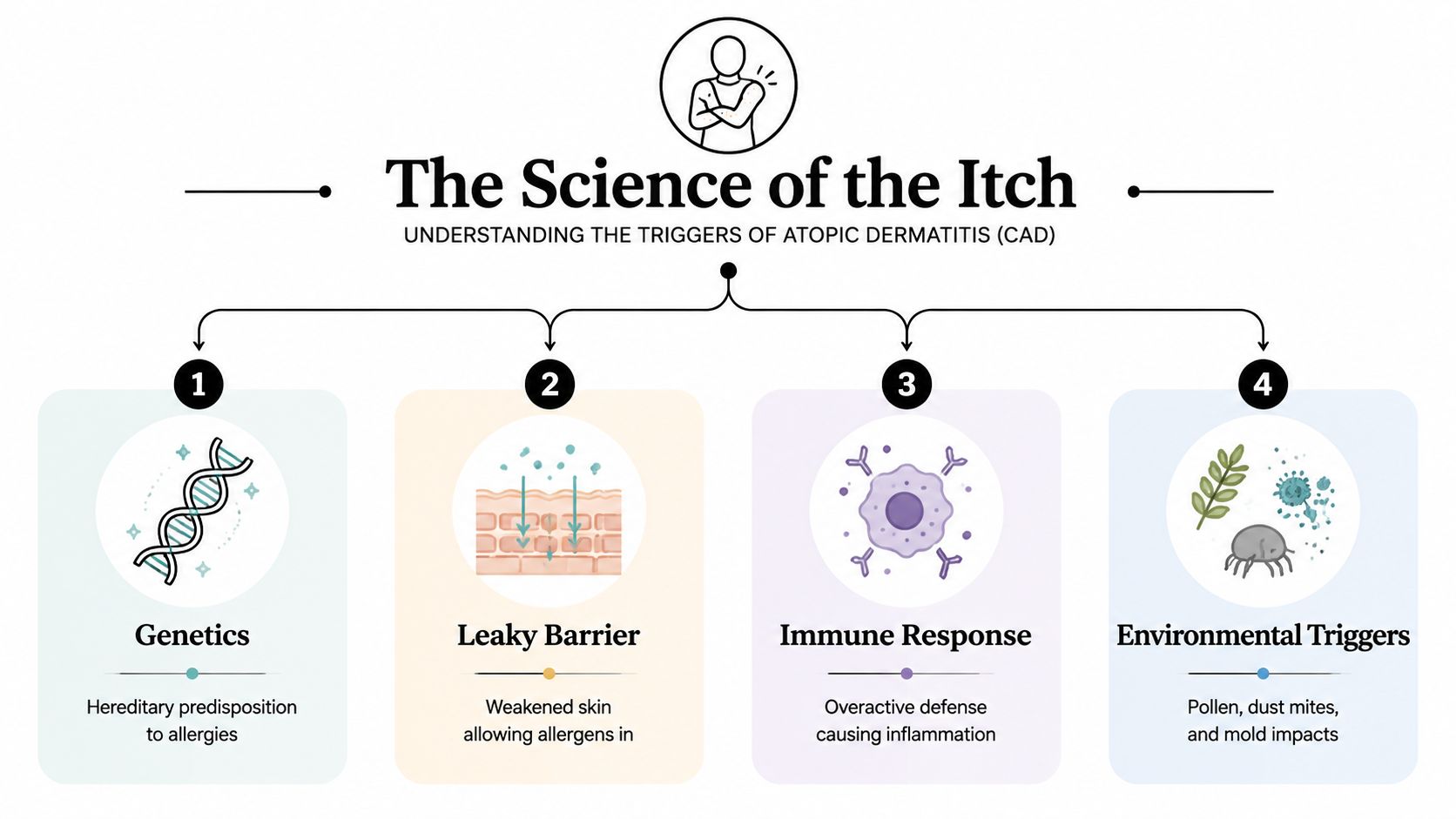 An infographic titled The Science of the Itch explaining the four main causes of canine atopic dermatitis.