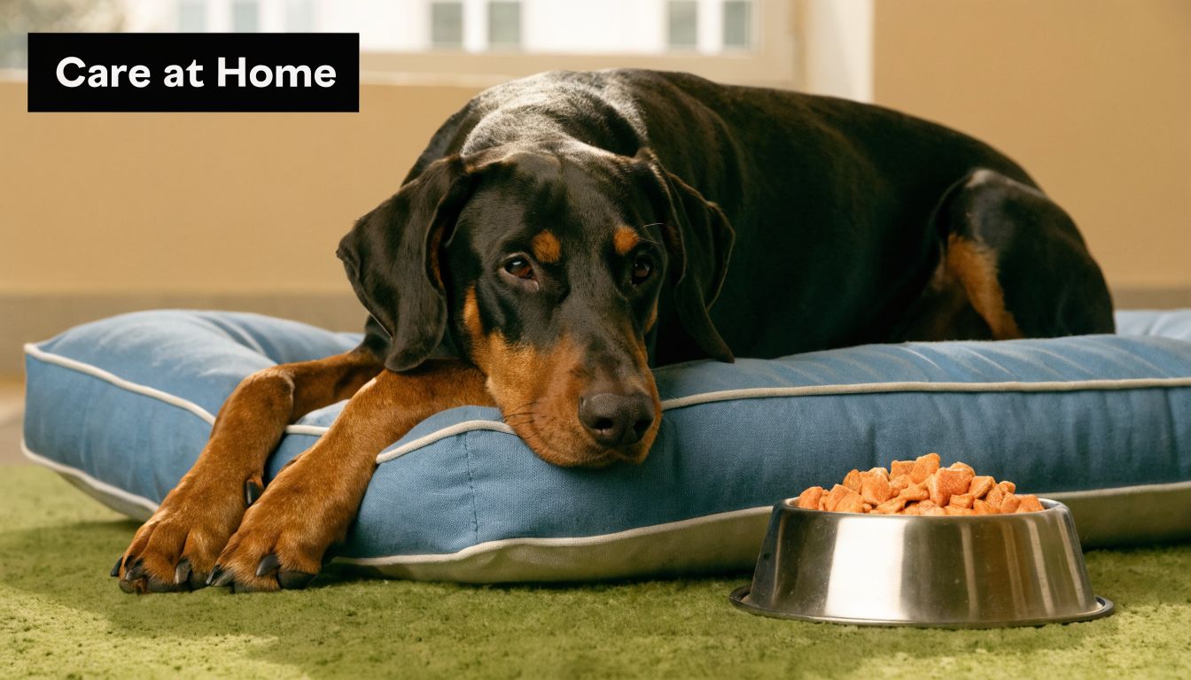 A black and tan Doberman dog rests on a blue dog bed next to a metal bowl of food.