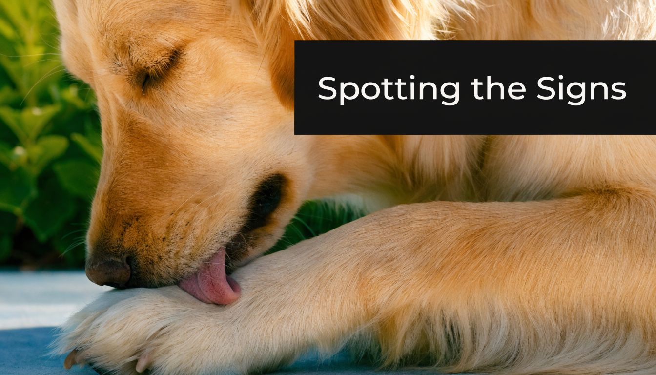 A golden retriever licking its paw, which can be a common sign of canine atopic dermatitis.