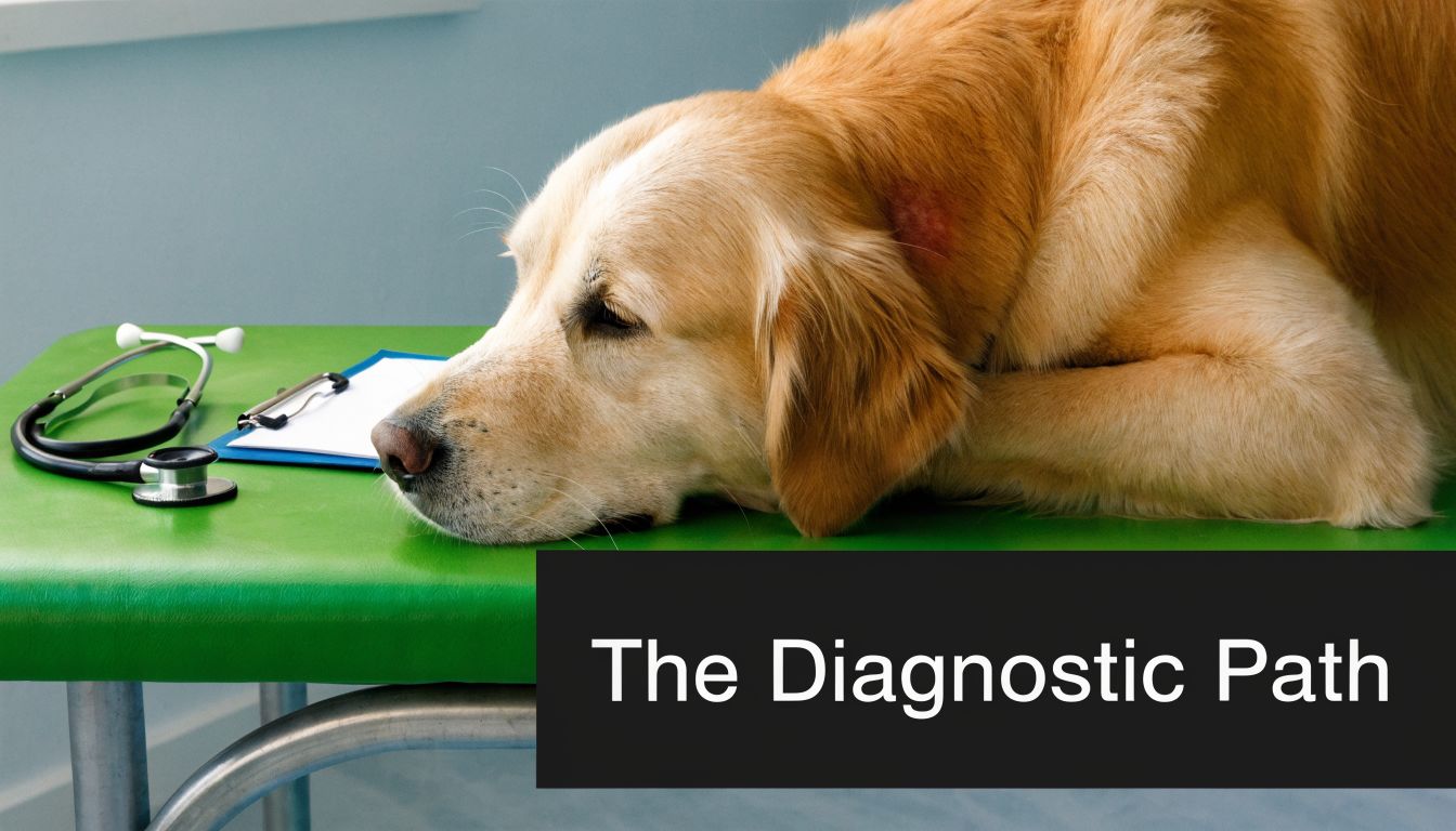 A sad golden retriever dog lies on a veterinary table next to a stethoscope and clipboard.