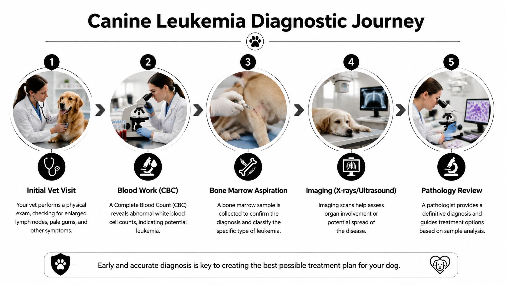 A flowchart infographic detailing the five steps of the canine leukemia diagnostic process in veterinary care.