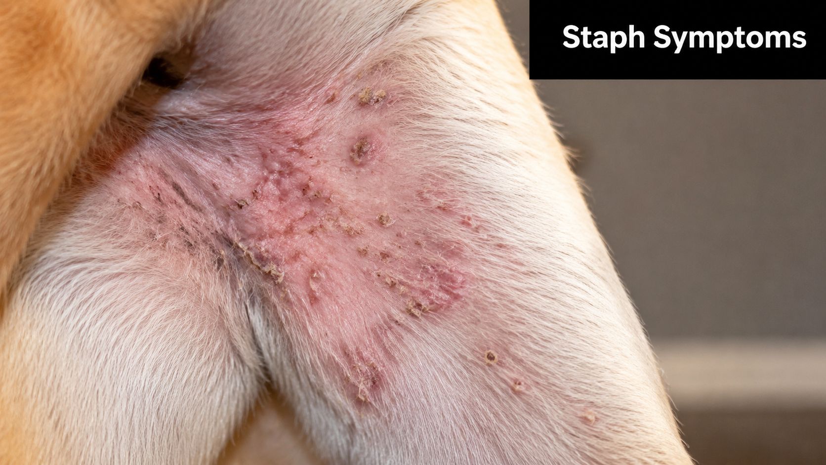 A close-up view of canine skin showing red inflammation, crusting, and irritation consistent with a staph infection.