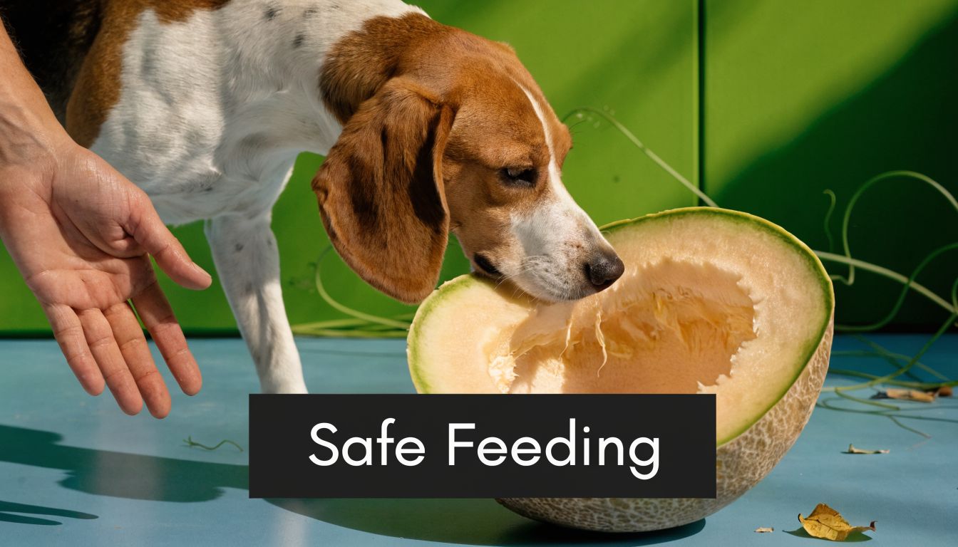 A close-up view of a beagle dog sniffing a halved cantaloupe on a blue surface with a human hand.