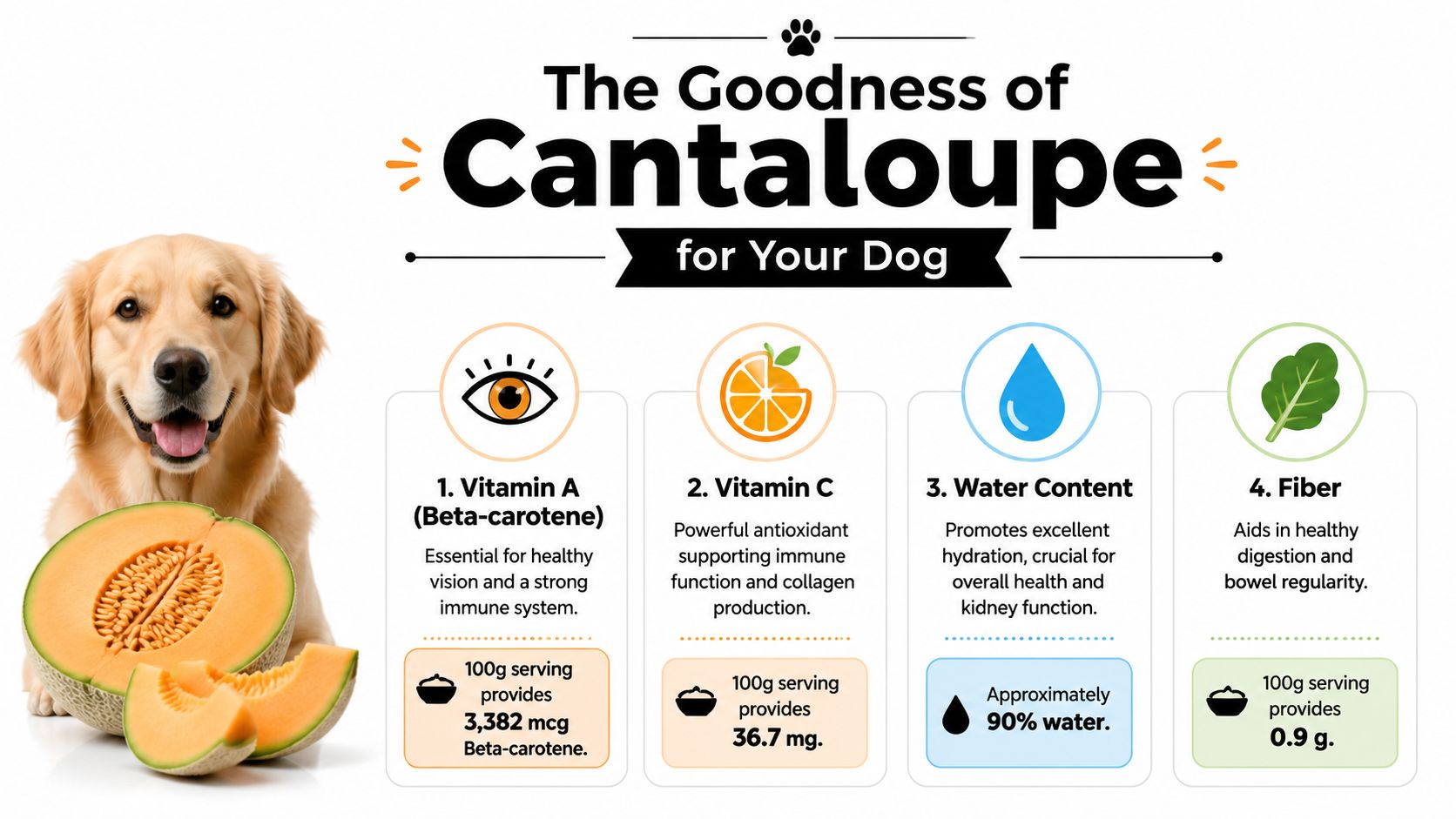 An infographic showing the health benefits of feeding cantaloupe to a golden retriever dog.