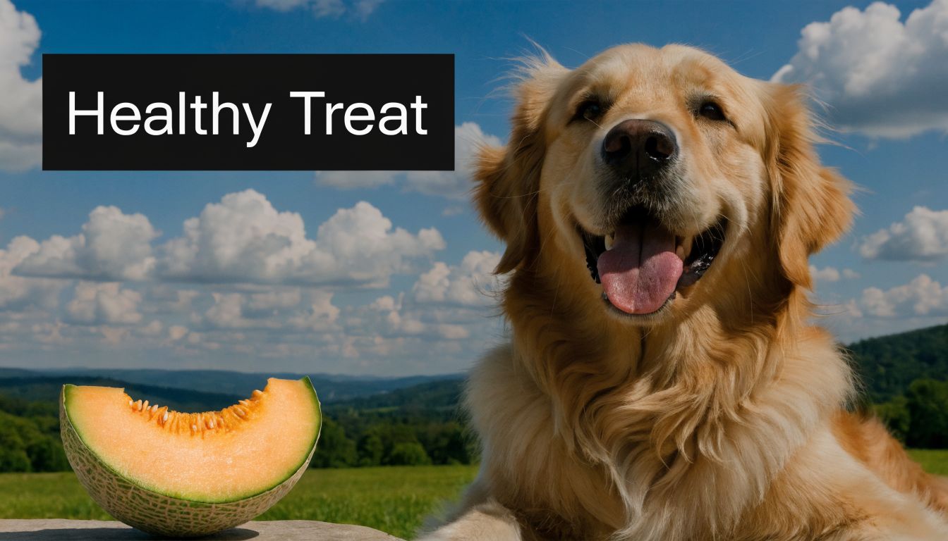 A happy golden retriever dog sitting in a field next to a fresh slice of cantaloupe melon.
