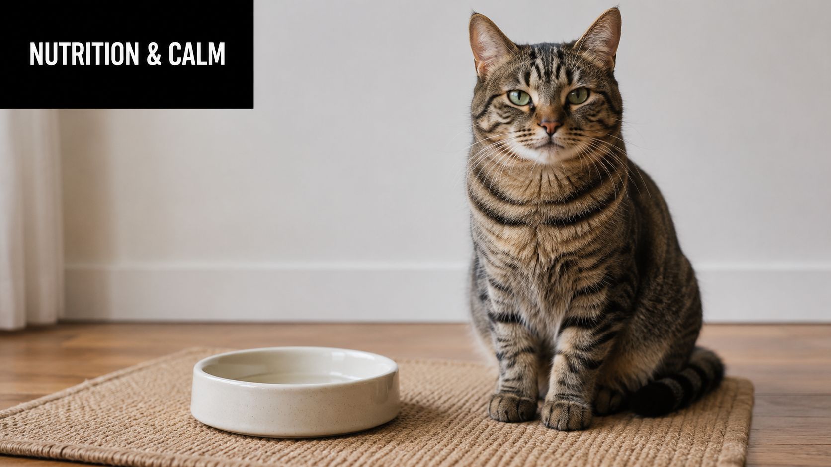 A brown tabby cat sitting patiently on a mat next to an empty ceramic pet bowl.