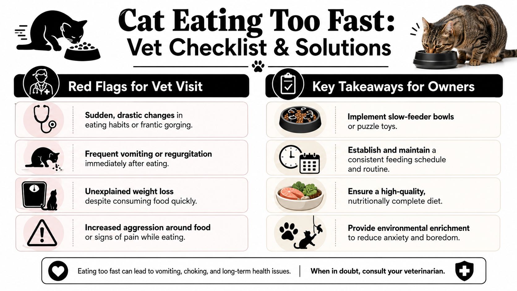 An infographic detailing vet-recommended solutions and warning signs for cats that eat their food too fast.