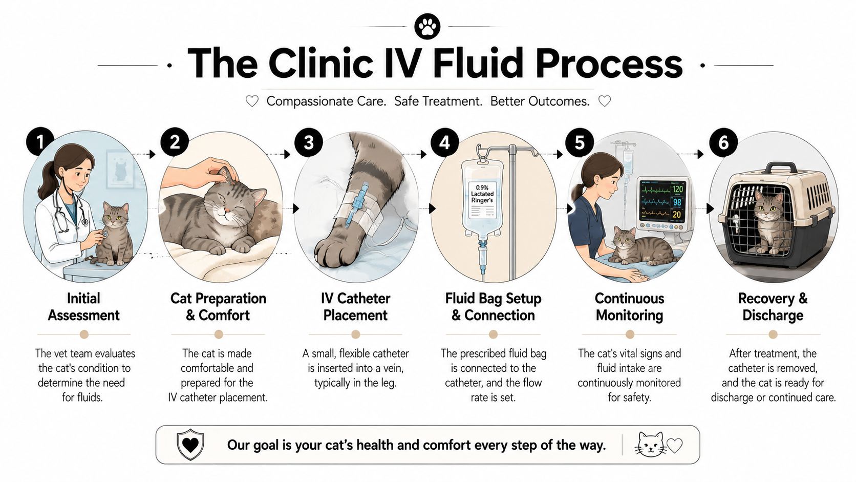 An infographic detailing the six steps of the cat IV fluid process in a veterinary clinic.