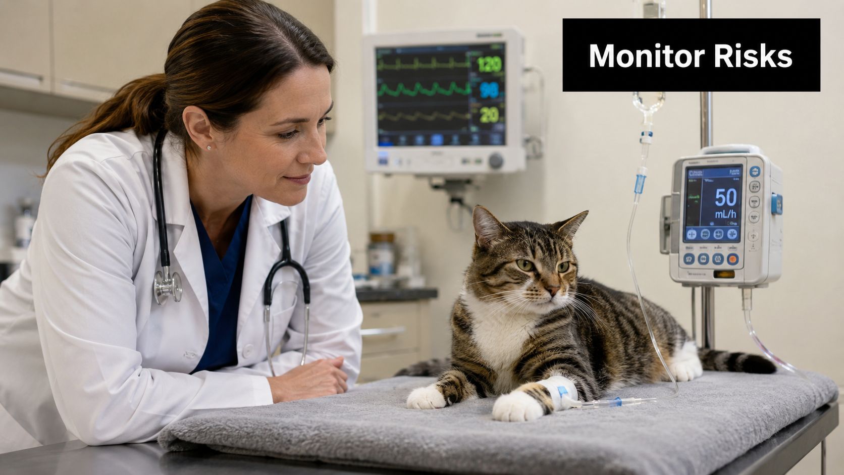 A caring female veterinarian observing a cat receiving intravenous fluid therapy on a treatment table.