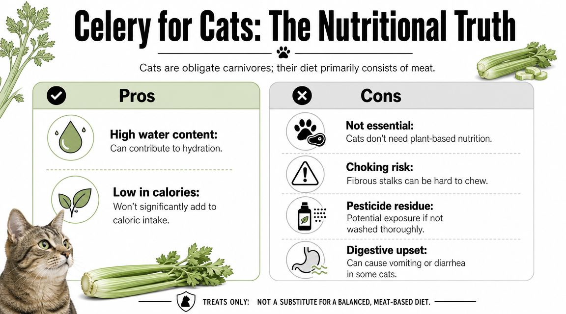 An infographic titled Celery for Cats explaining the pros and cons of feeding celery to cats.