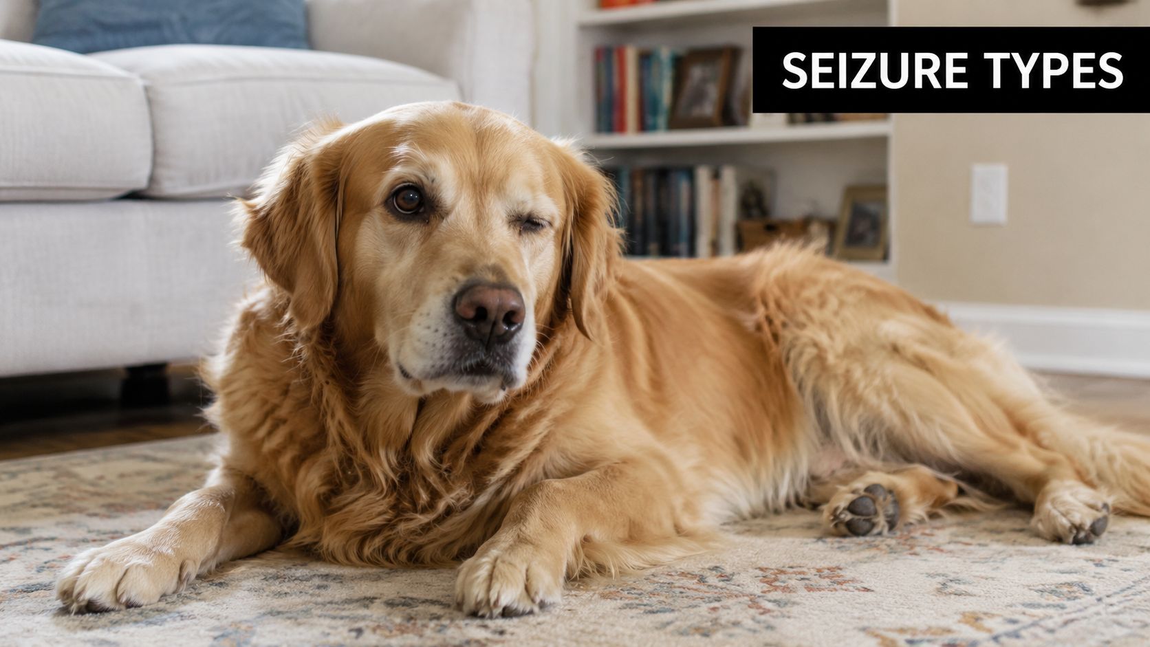 A golden retriever dog lying on a patterned rug in a home setting looking at camera.