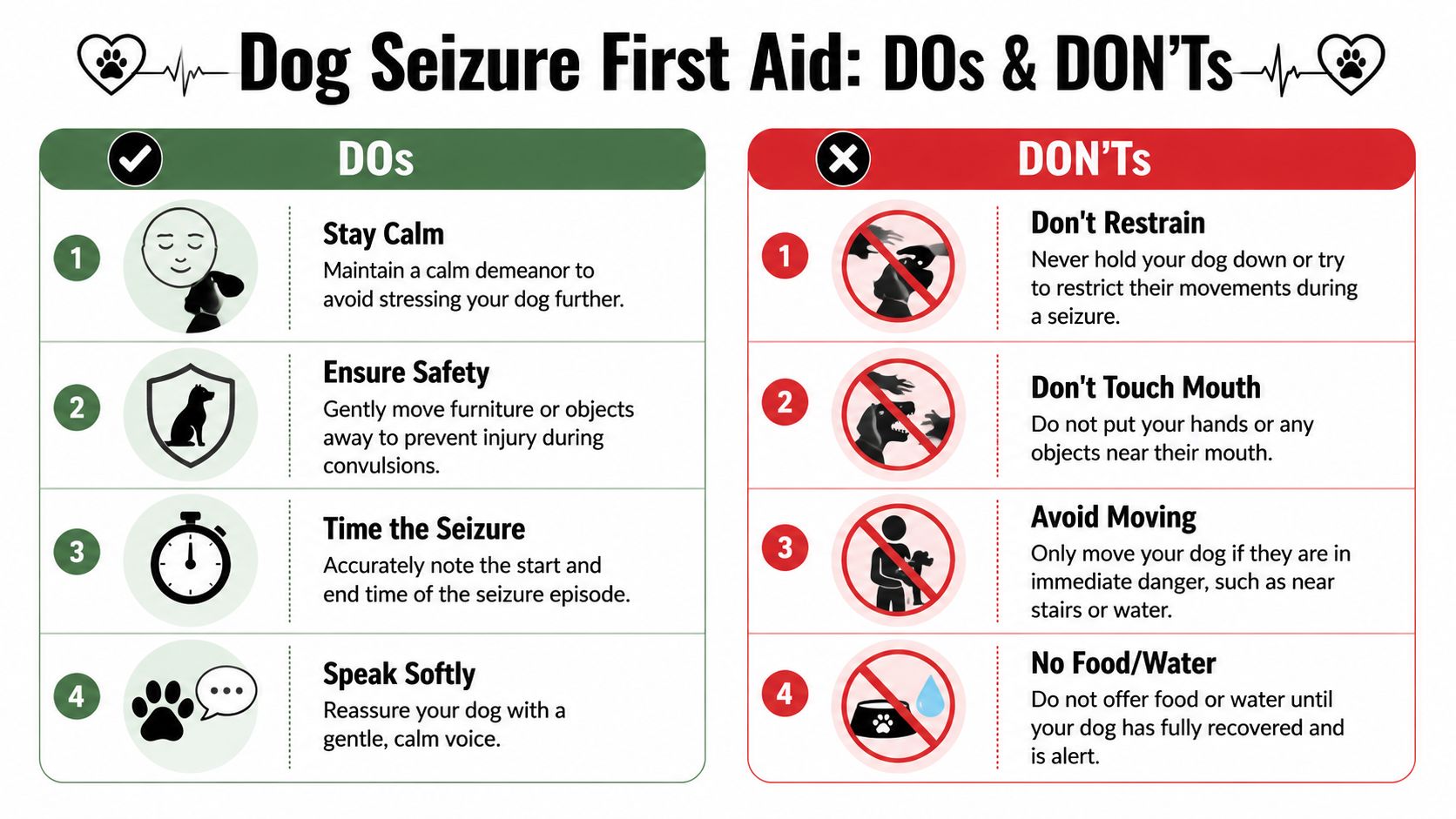 An infographic detailing dog seizure first aid tips, including do's and don'ts for pet owners.