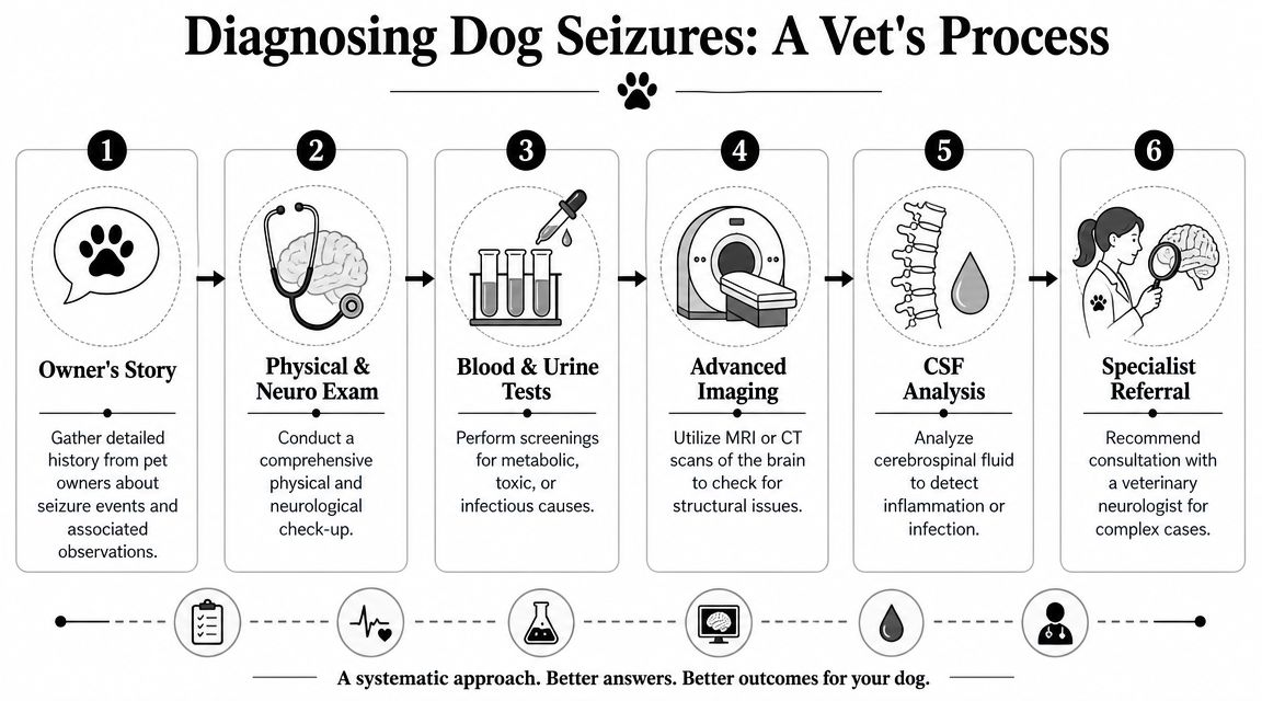 A six-step infographic detailing the veterinary medical process for diagnosing seizures in dogs.