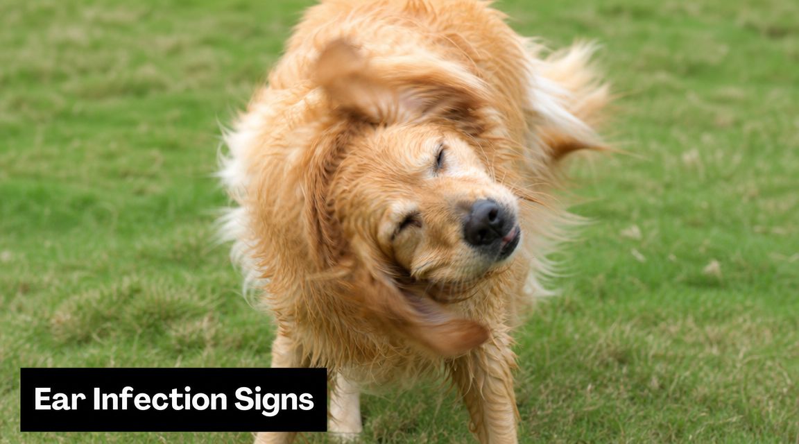 A golden retriever shaking its head vigorously on a green grass field, indicating potential ear discomfort.