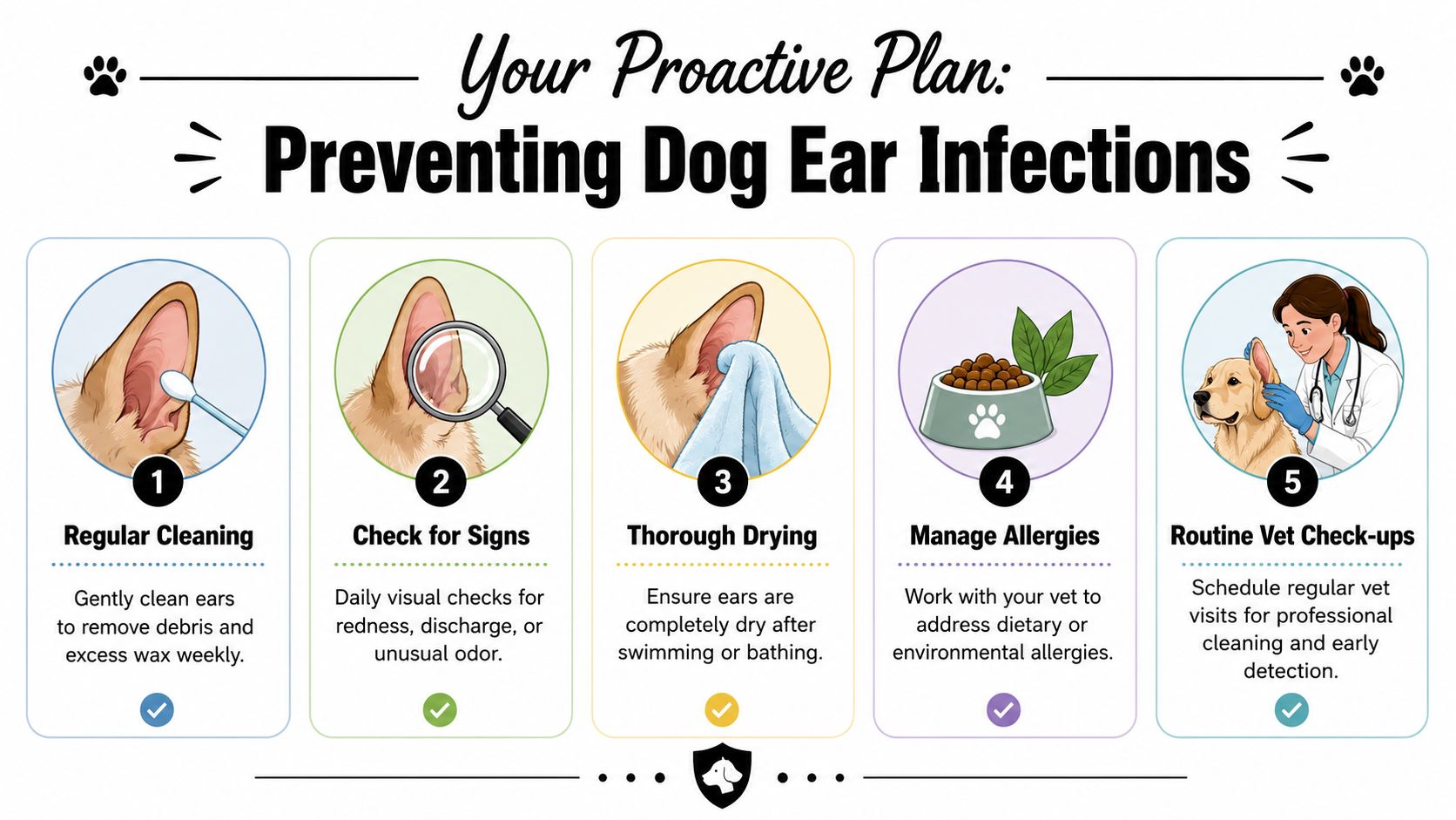 A five-step infographic showing proactive ways to prevent dog ear infections through cleaning, checks, and veterinary care.