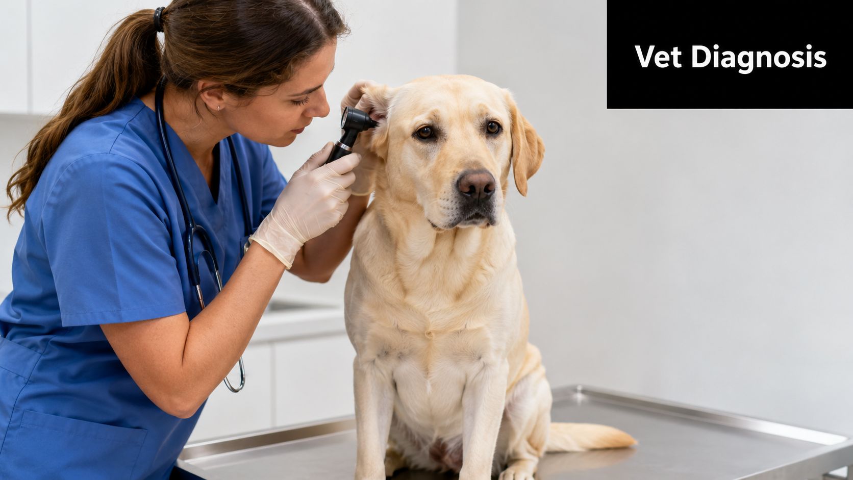 A female veterinarian wearing blue scrubs uses an otoscope to examine the ear of a labrador retriever.