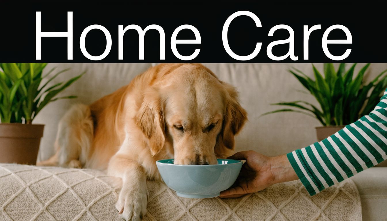 A person offering a bowl of food to a golden retriever dog resting on a couch.