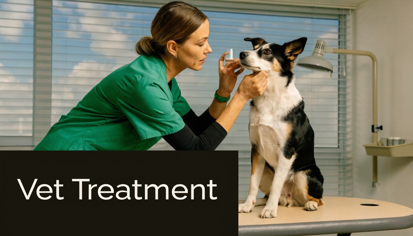 A veterinarian wearing green scrubs is preparing to administer medication to a sitting dog in an office.
