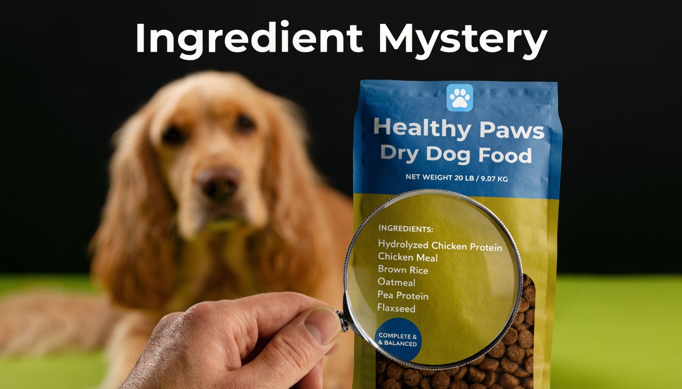 A close-up view through a magnifying glass reveals the ingredients list on a bag of dog food.