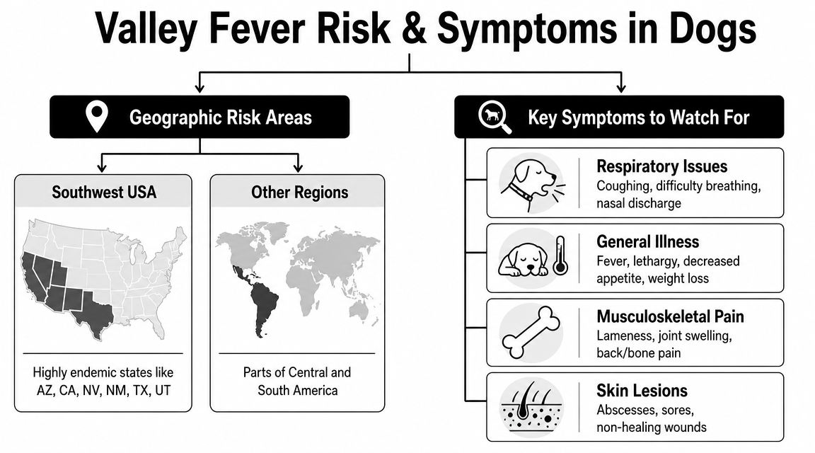 An infographic detailing geographic risk areas and common symptoms of Valley Fever in dogs.