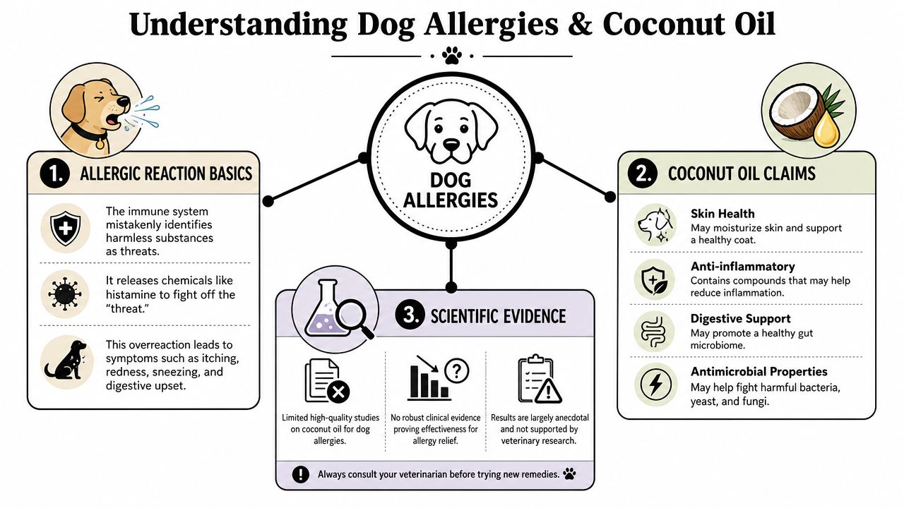 An infographic titled Understanding Dog Allergies & Coconut Oil, explaining reactions, potential oil benefits, and scientific findings.