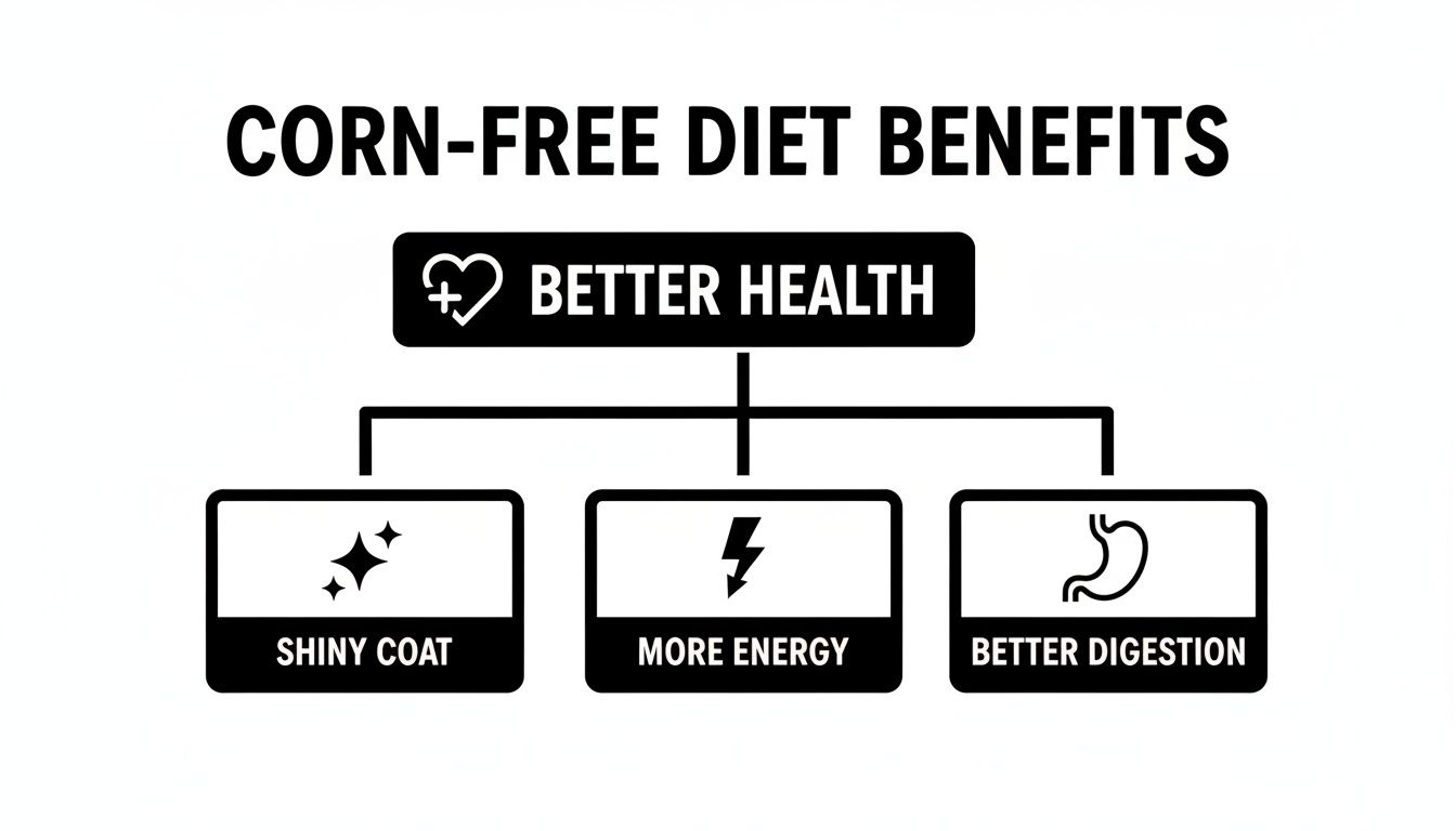 Infographic illustrating corn-free diet benefits: better health, shiny coat, more energy, and better digestion.