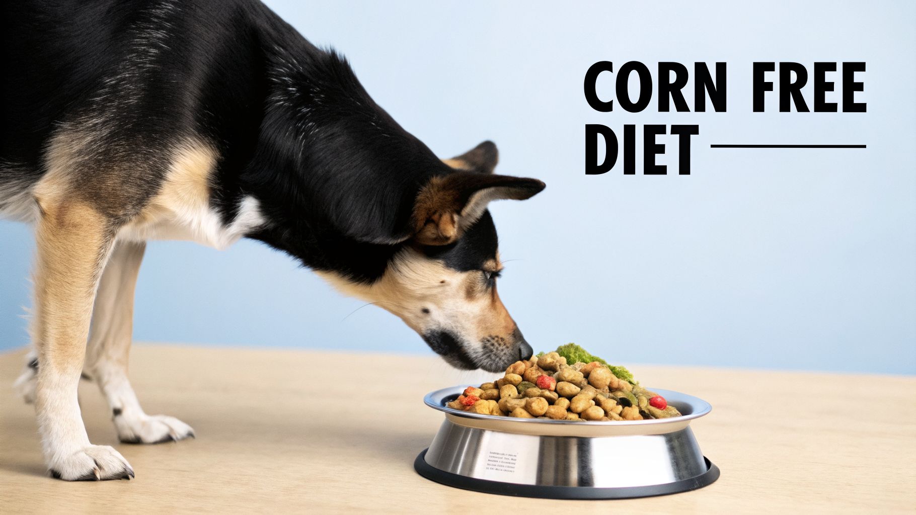 A black and tan dog sniffs a bowl of corn-free dog food on a wooden table, emphasizing a healthy diet.