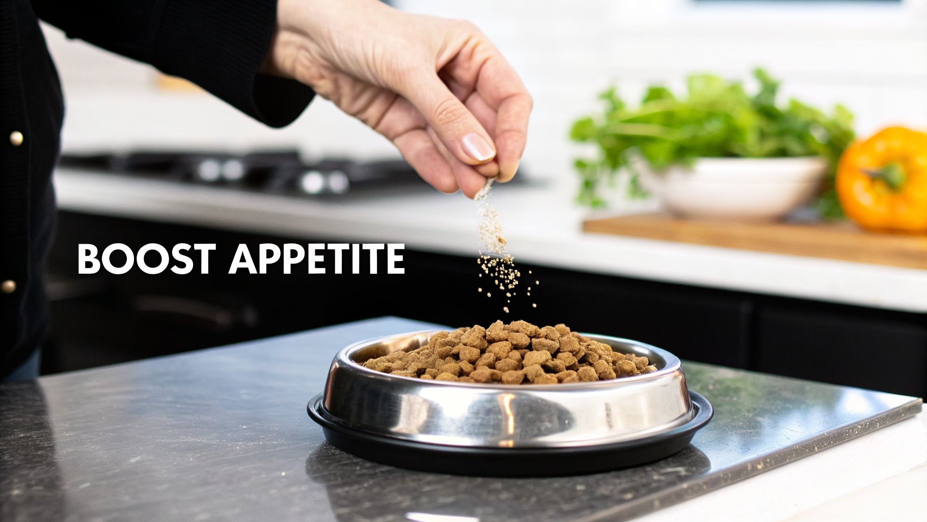 A hand sprinkles a powder supplement over a bowl of dog kibble, with text 'BOOST APPETITE'.