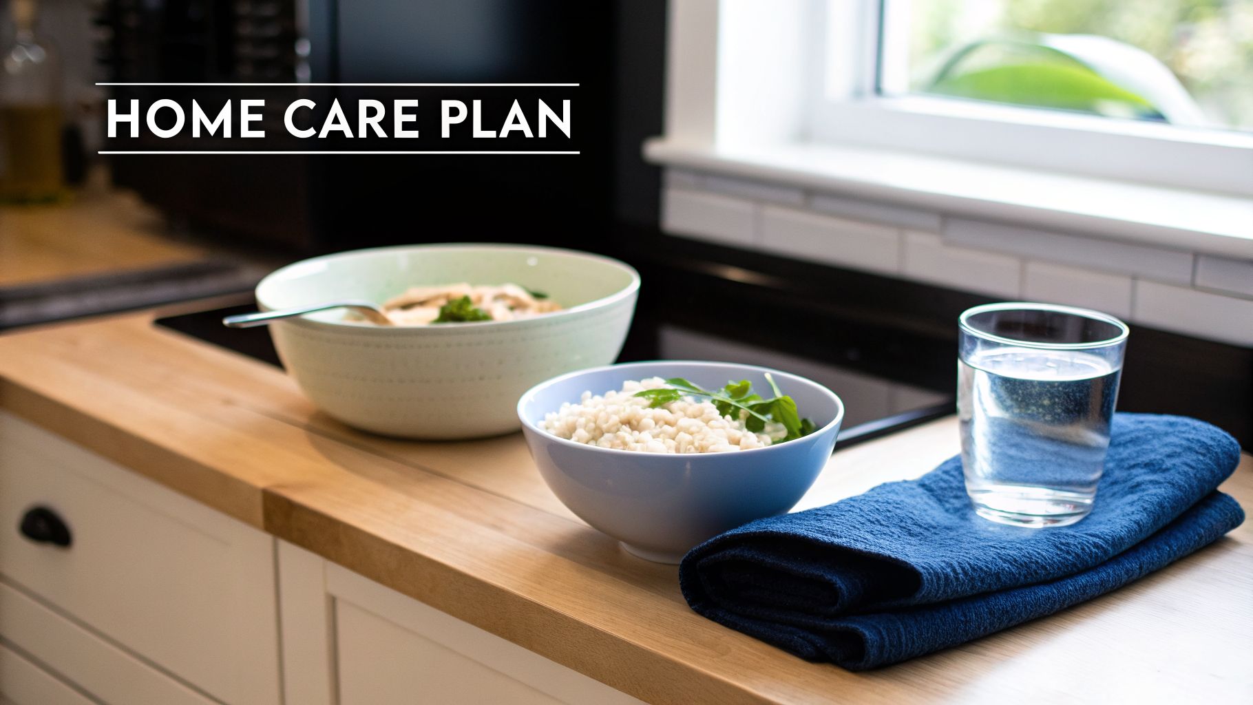 A kitchen counter with two bowls of healthy food, a glass of water, and a dark blue towel. Text overlay reads 'HOME CARE PLAN'.