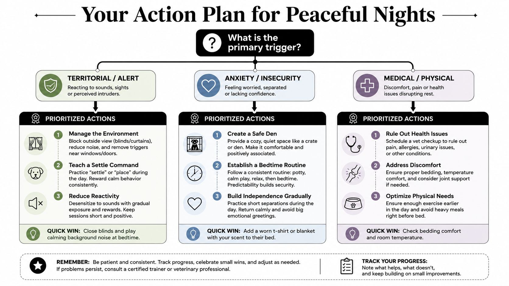 A flowchart outlining an action plan to address the primary triggers for a dog barking at night.