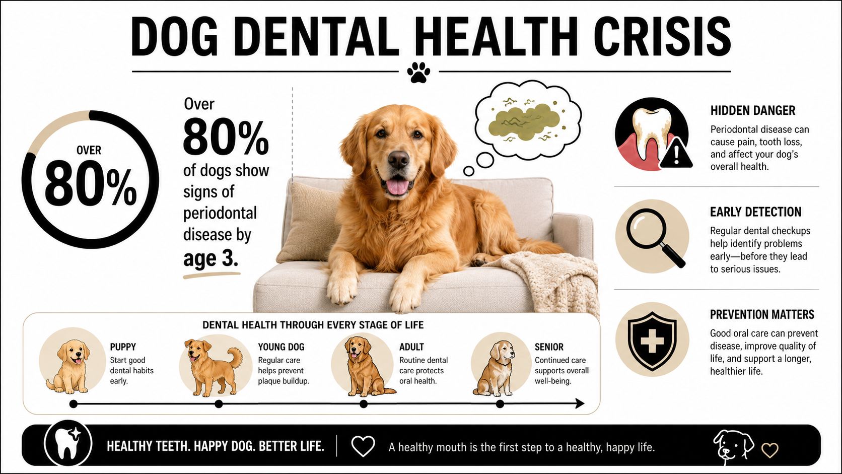 An infographic detailing the prevalence of periodontal disease in dogs and the importance of dental care.