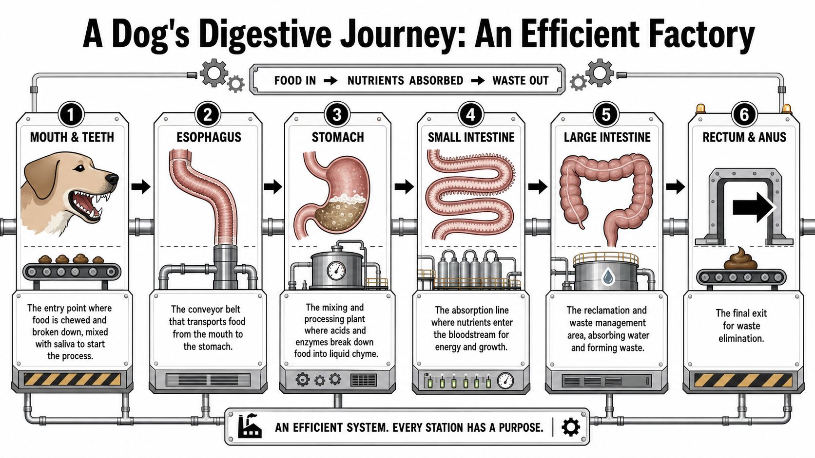 An infographic showing a dog's digestive system as a factory, illustrating the process from mouth to anus.