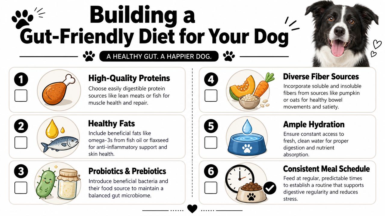 An infographic titled Building a Gut-Friendly Diet for Your Dog, showing six essential nutritional tips for dogs.