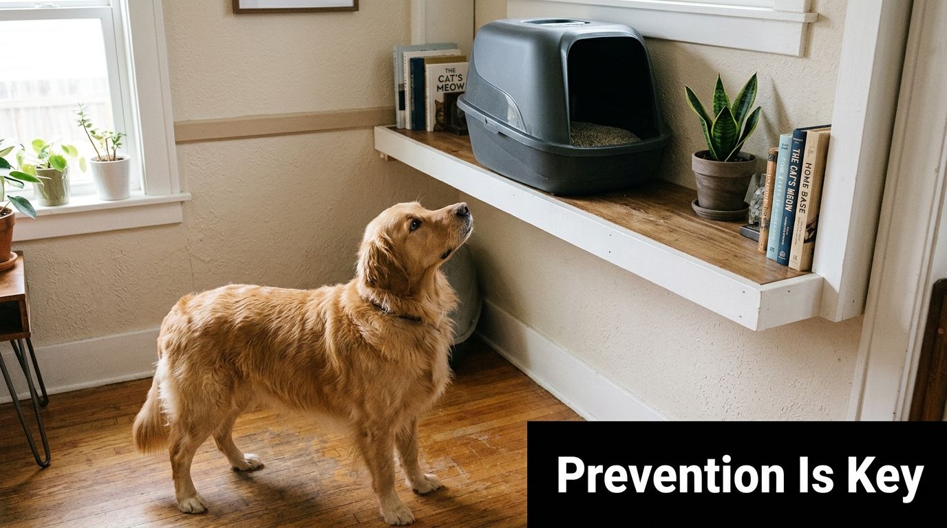 A golden retriever looking up at a cat litter box placed on a high wall-mounted shelf.