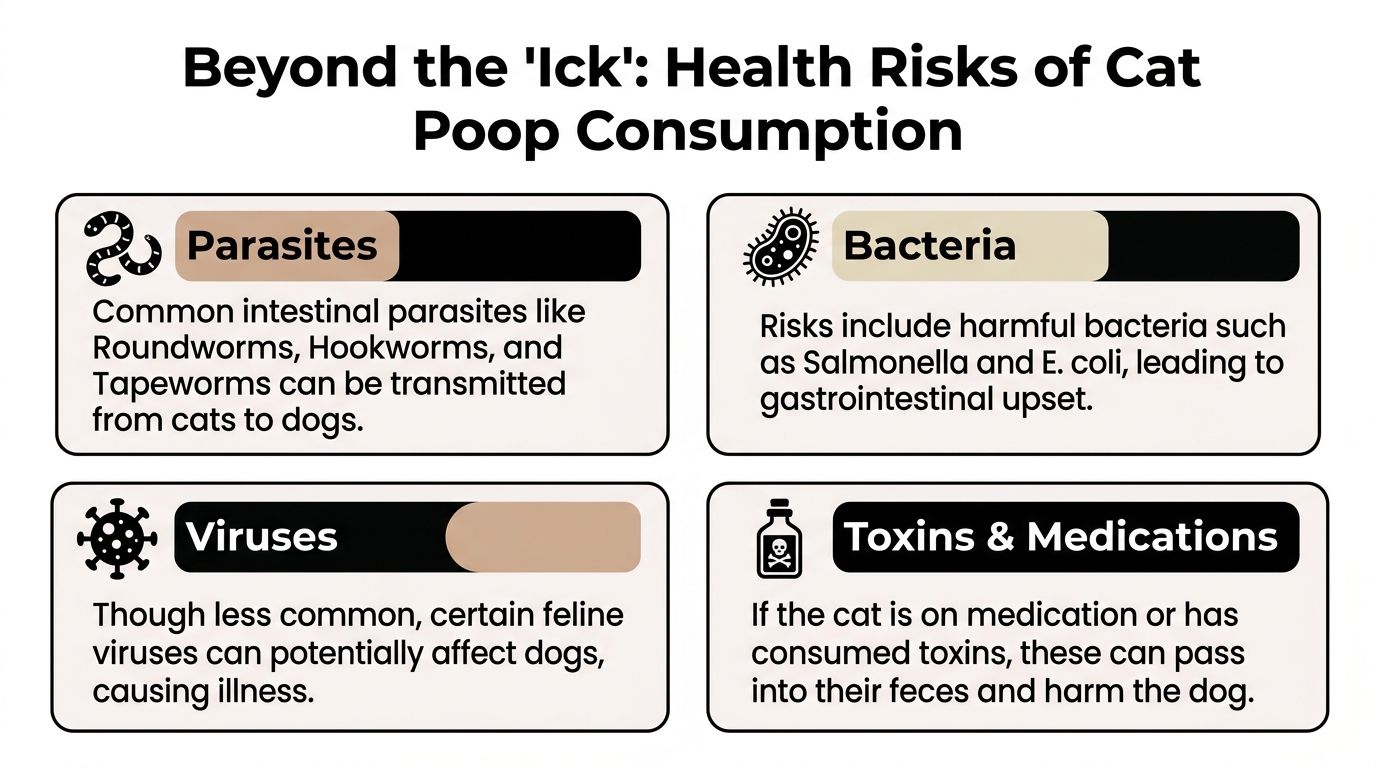 An infographic detailing the health risks for dogs from consuming cat feces, including parasites, bacteria, and viruses.