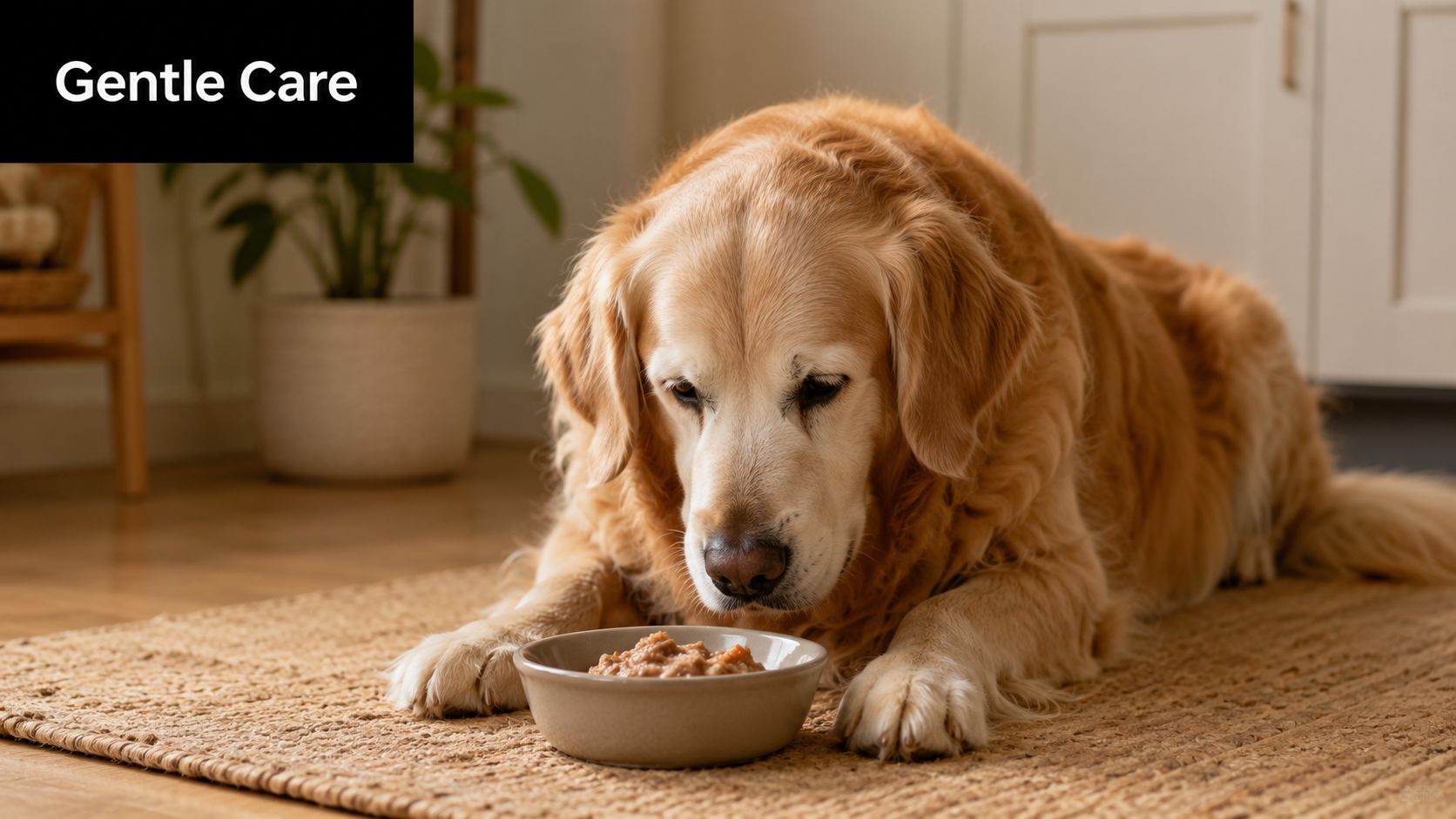 A gentle, older golden retriever dog lying on a rug while eating from a food bowl.