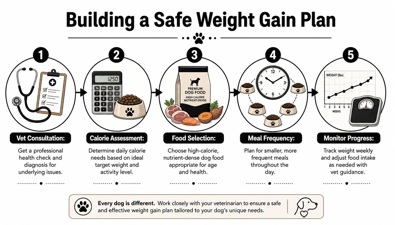 A five-step infographic showing how to build a safe weight gain plan for your dog.