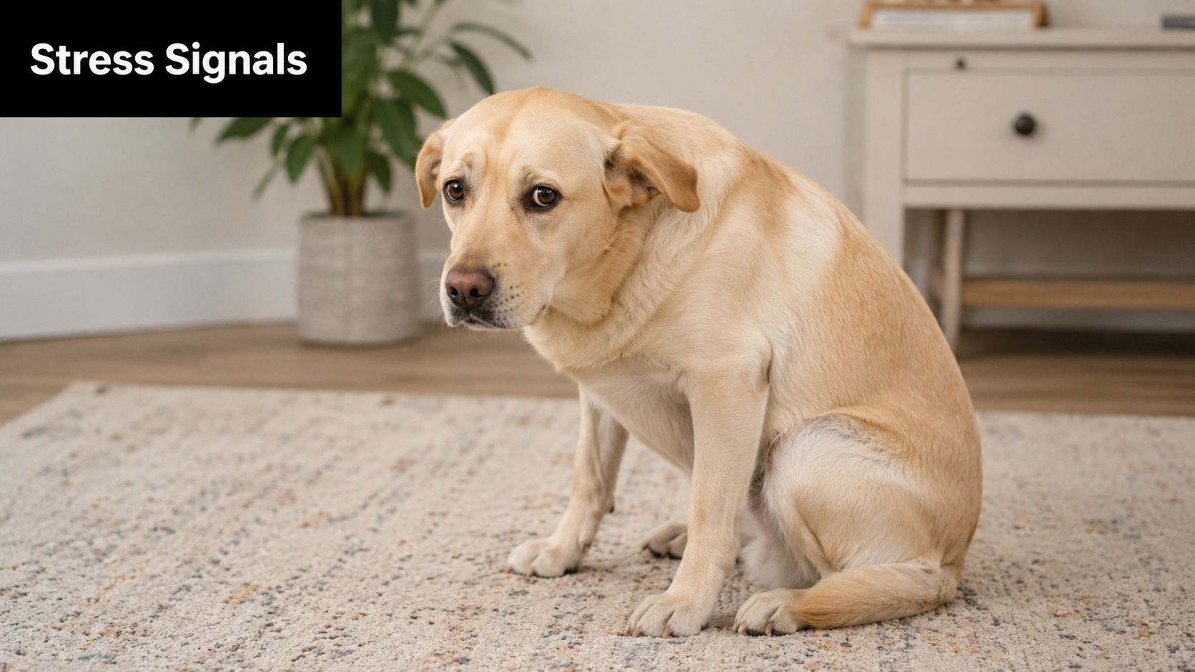 A yellow Labrador retriever sitting on a carpet with a worried expression, indicating potential stress signals.