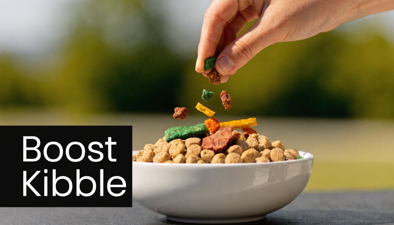 A hand sprinkling colorful dried treats over a bowl of dry brown dog food kibble outdoors.