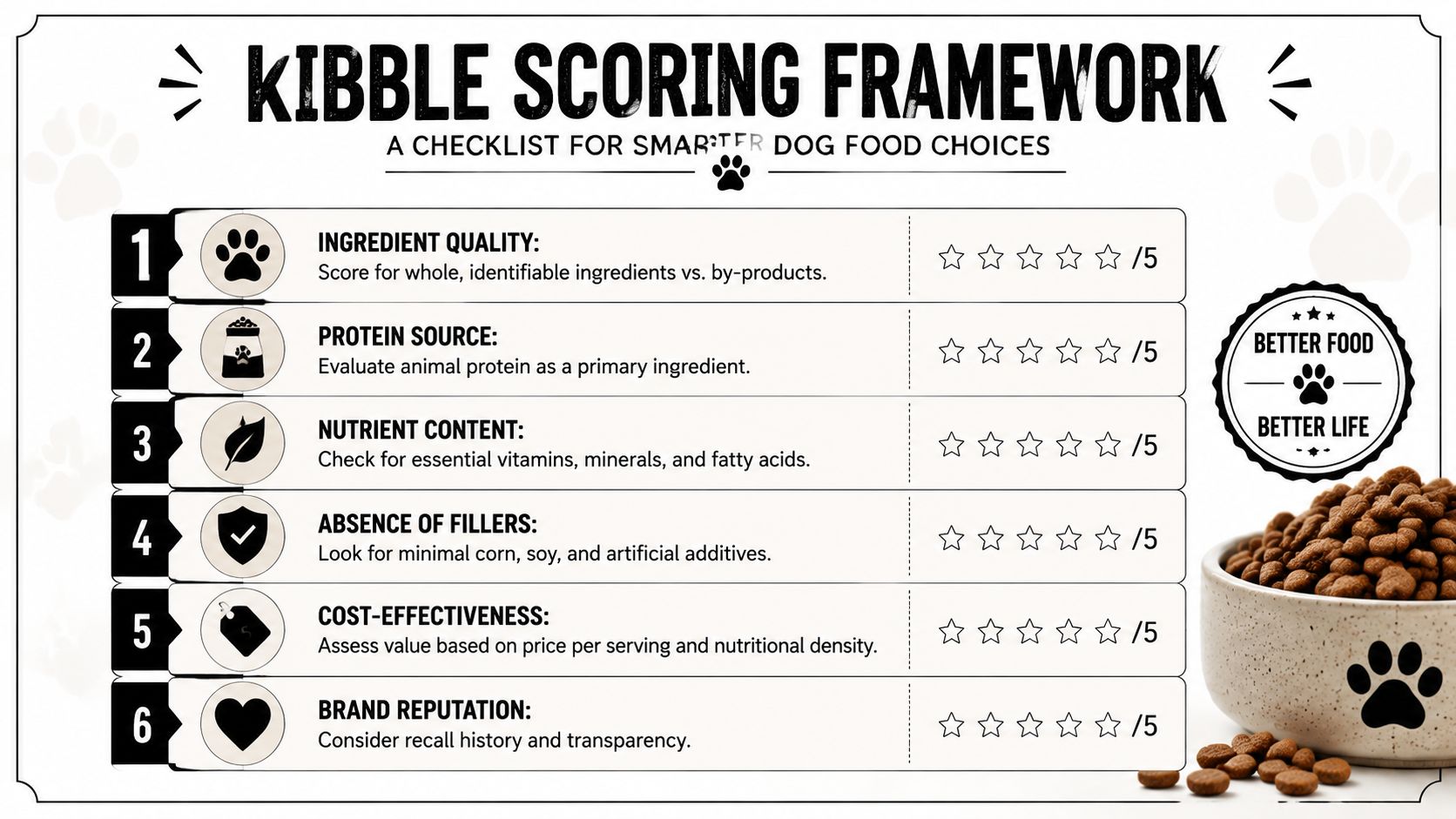 A scorecard for evaluating dog food quality based on ingredients, protein, nutrients, fillers, cost, and brand reputation.