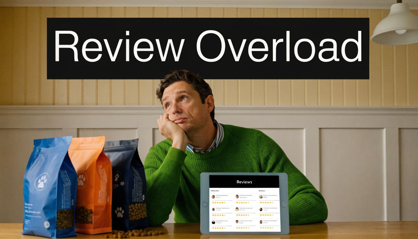 A man in a green sweater looks overwhelmed while reading online dog food reviews on a tablet.