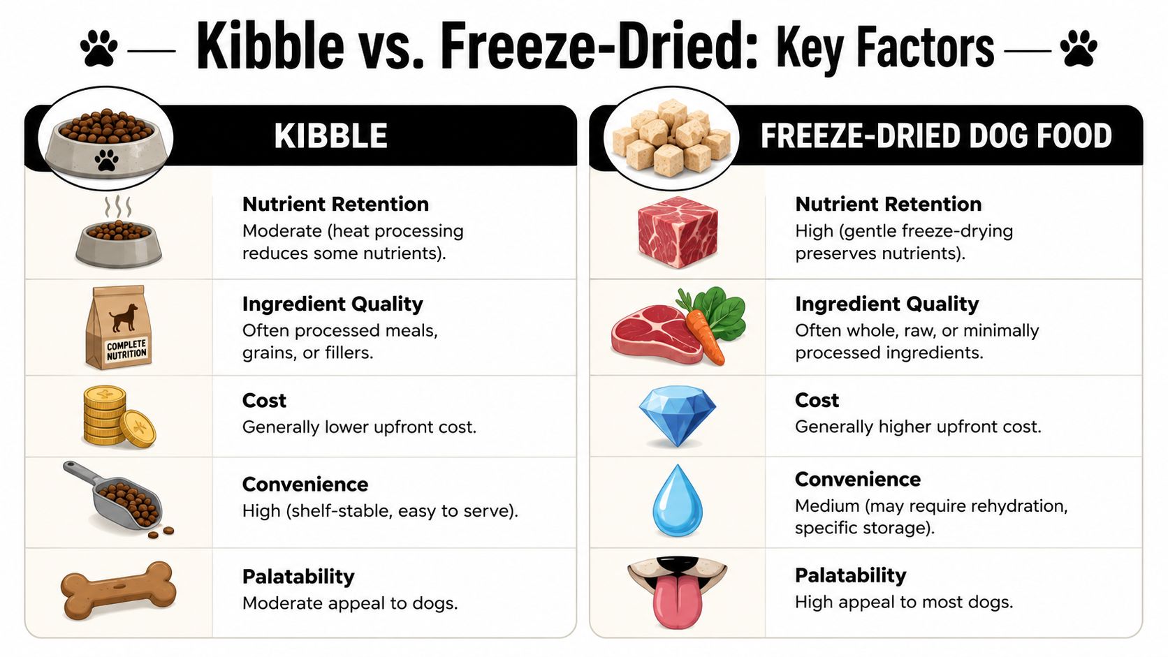 A comparison chart outlining key differences between kibble and freeze-dried dog food across five main factors.