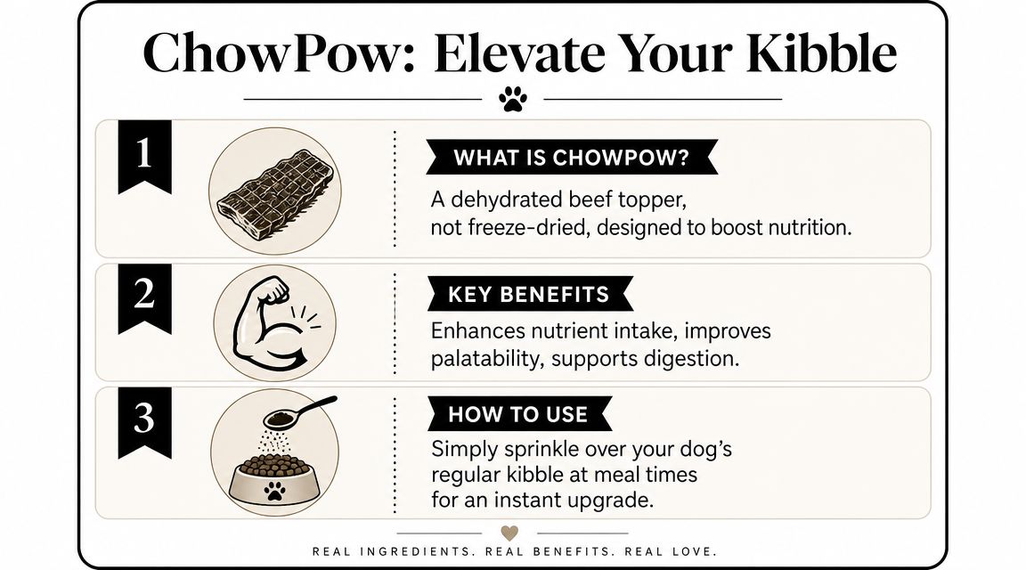 An infographic titled ChowPow detailing its use as a nutritional dehydrated beef topper for dog kibble.