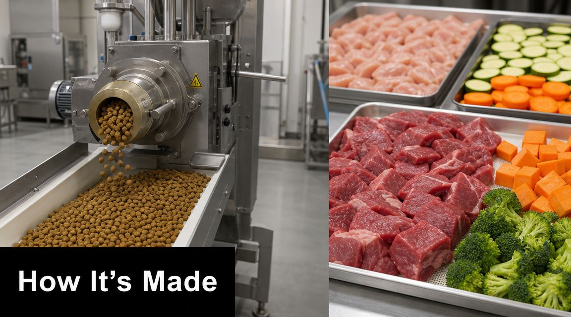 Industrial food processing equipment dispensing dry kibble next to trays of fresh raw meat and vegetables.