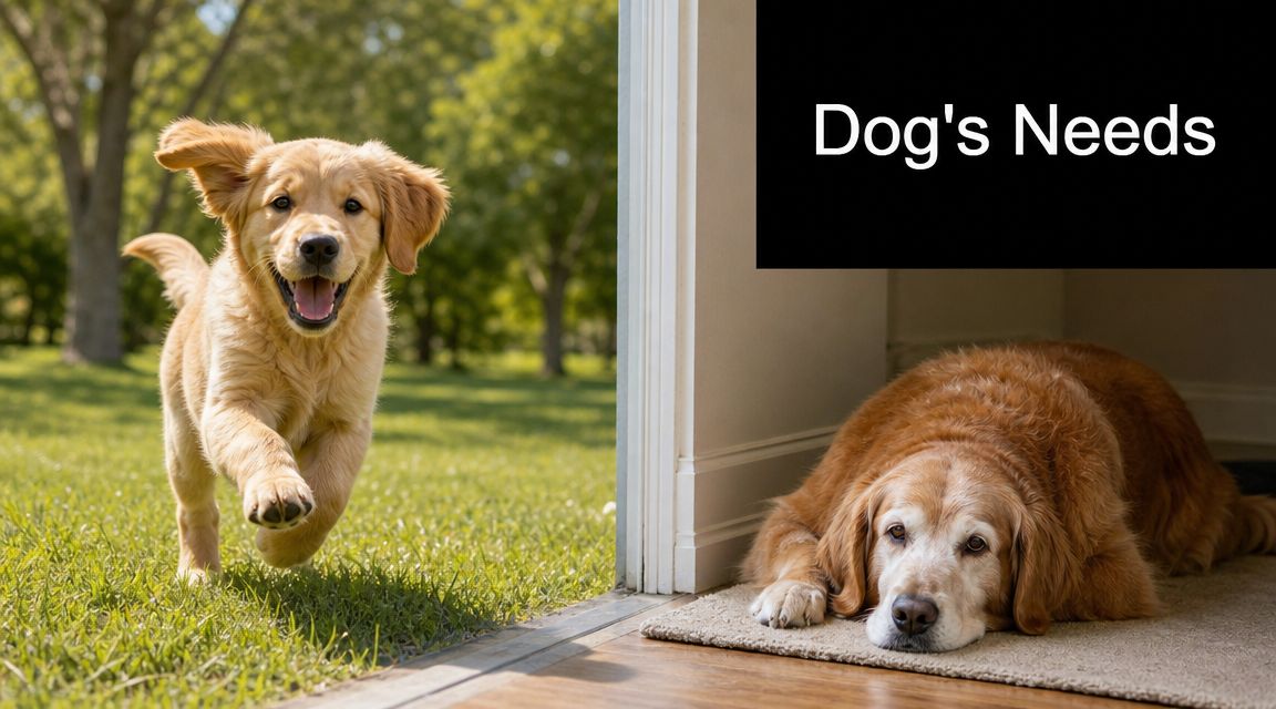 A young, happy golden retriever running outside towards an older, calm dog lying indoors on a rug.